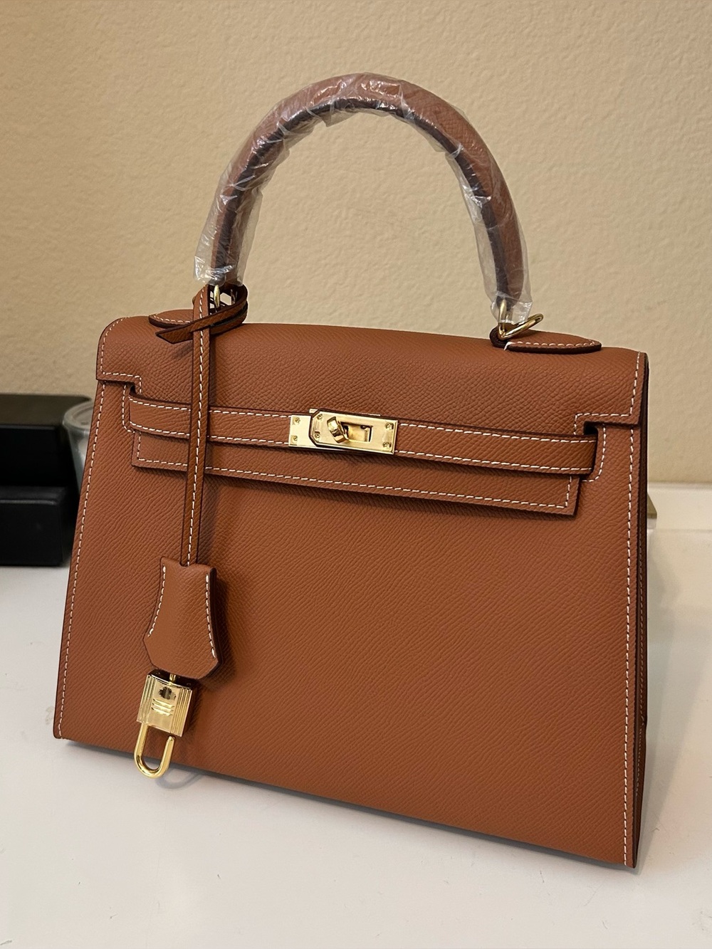 25cm Gold on Gold Epsom Top Handle Leather Satchel KL Style